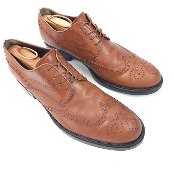 TOD'S Tan Brown Leather Wingtip Brogue Leather Oxford Dress Shoes 10 Old Money - Picture 1 of 10